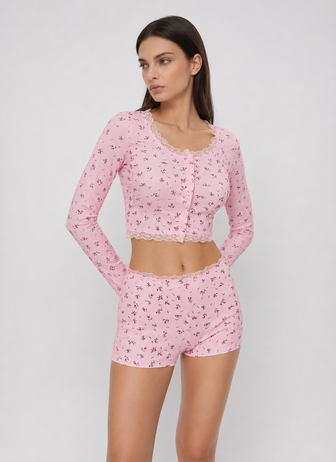 Lace Trim Floral Ribbed PJ Set