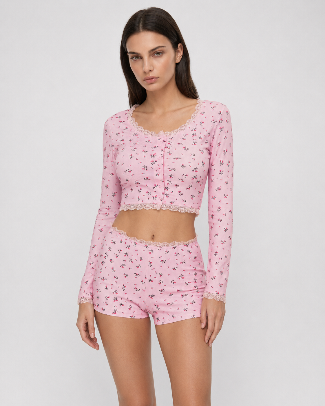 Lace Trim Floral Ribbed PJ Set