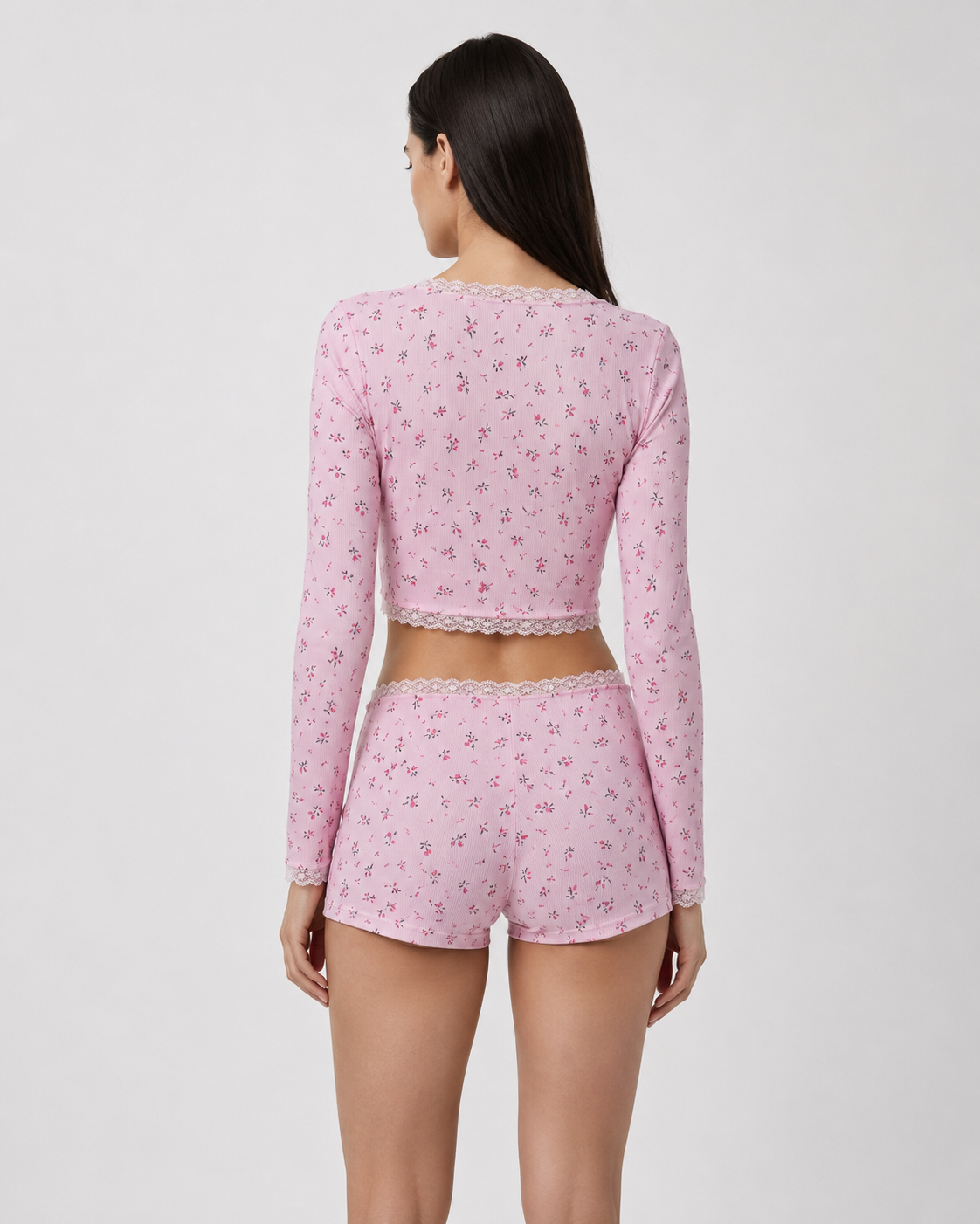 Lace Trim Floral Ribbed PJ Set