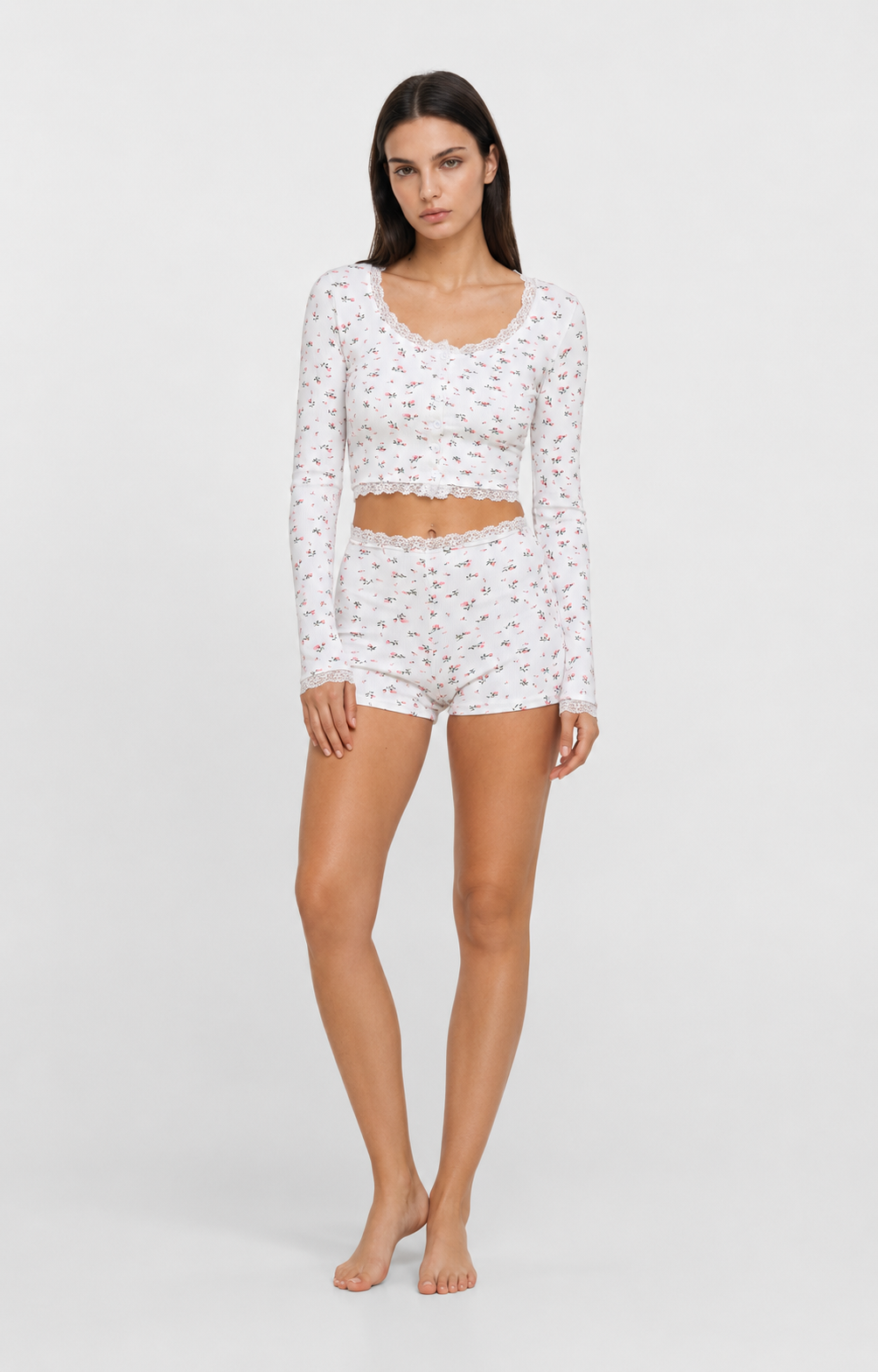 Lace Trim Floral Ribbed PJ Set