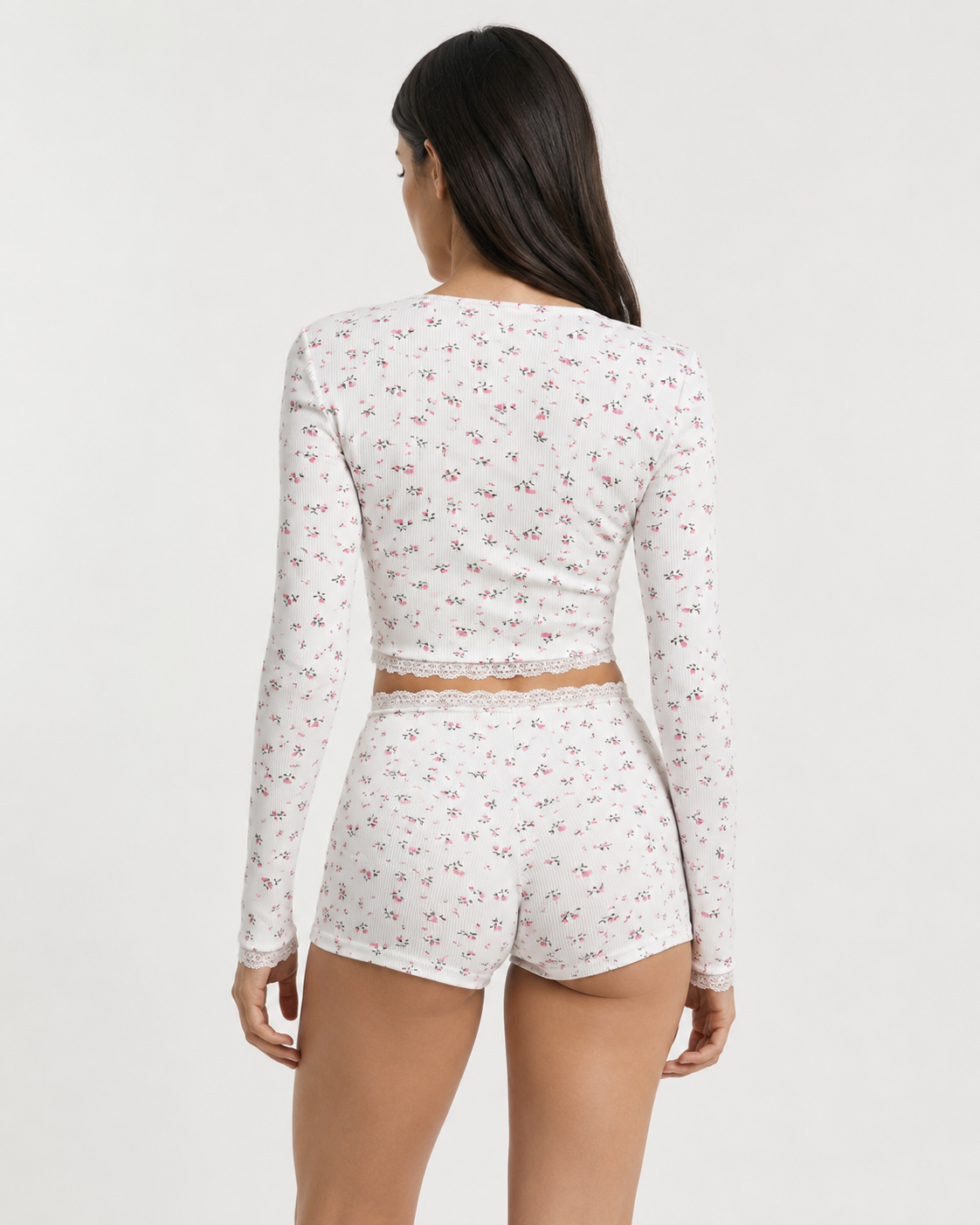 Lace Trim Floral Ribbed PJ Set