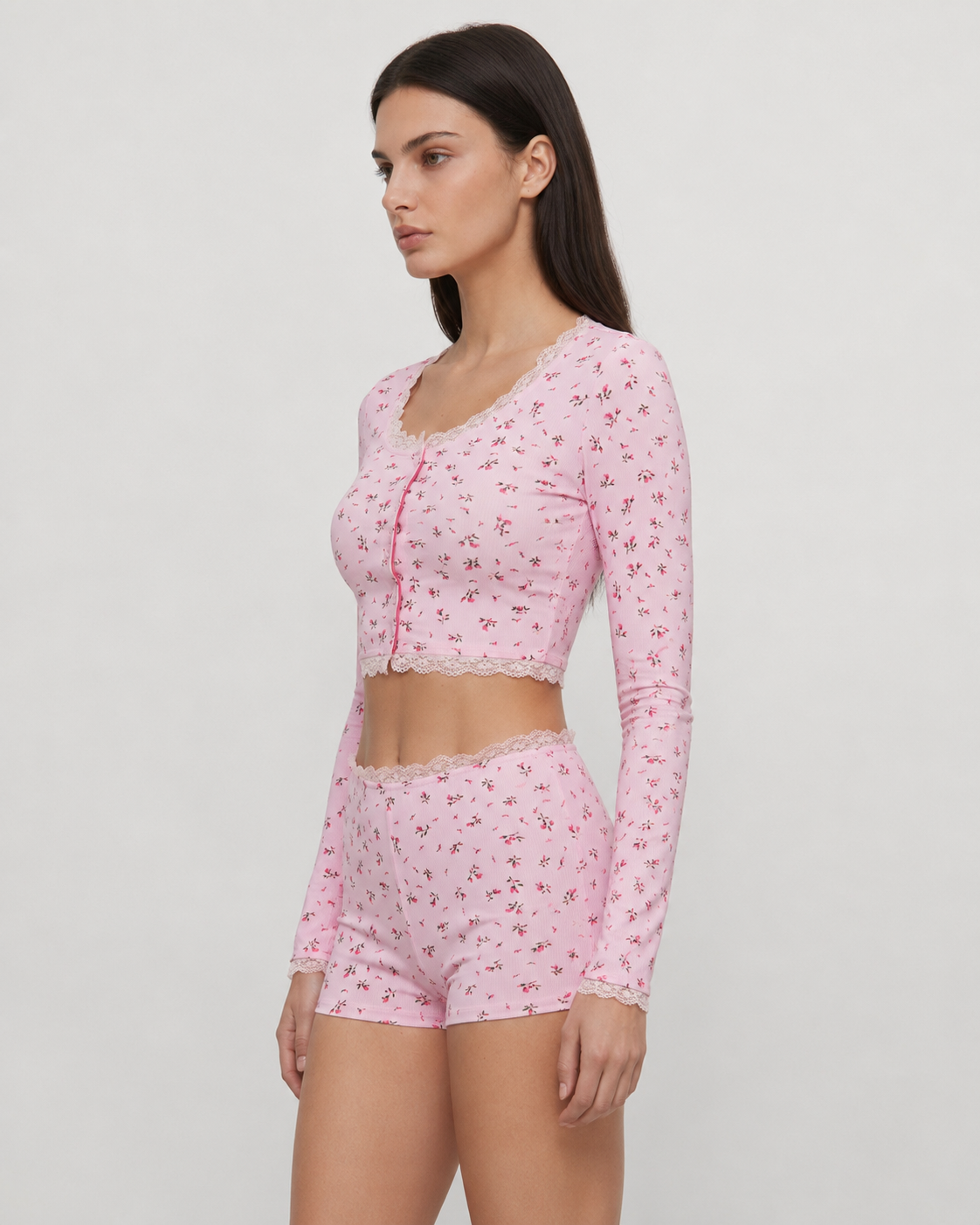 Lace Trim Floral Ribbed PJ Set