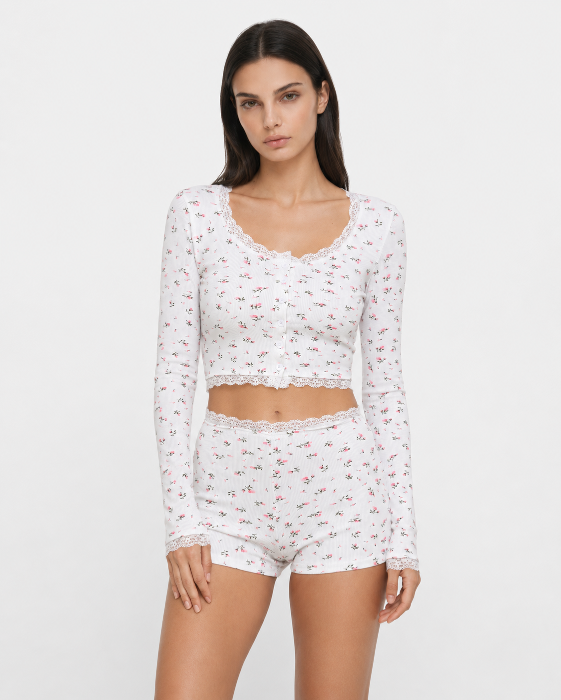 Lace Trim Floral Ribbed PJ Set