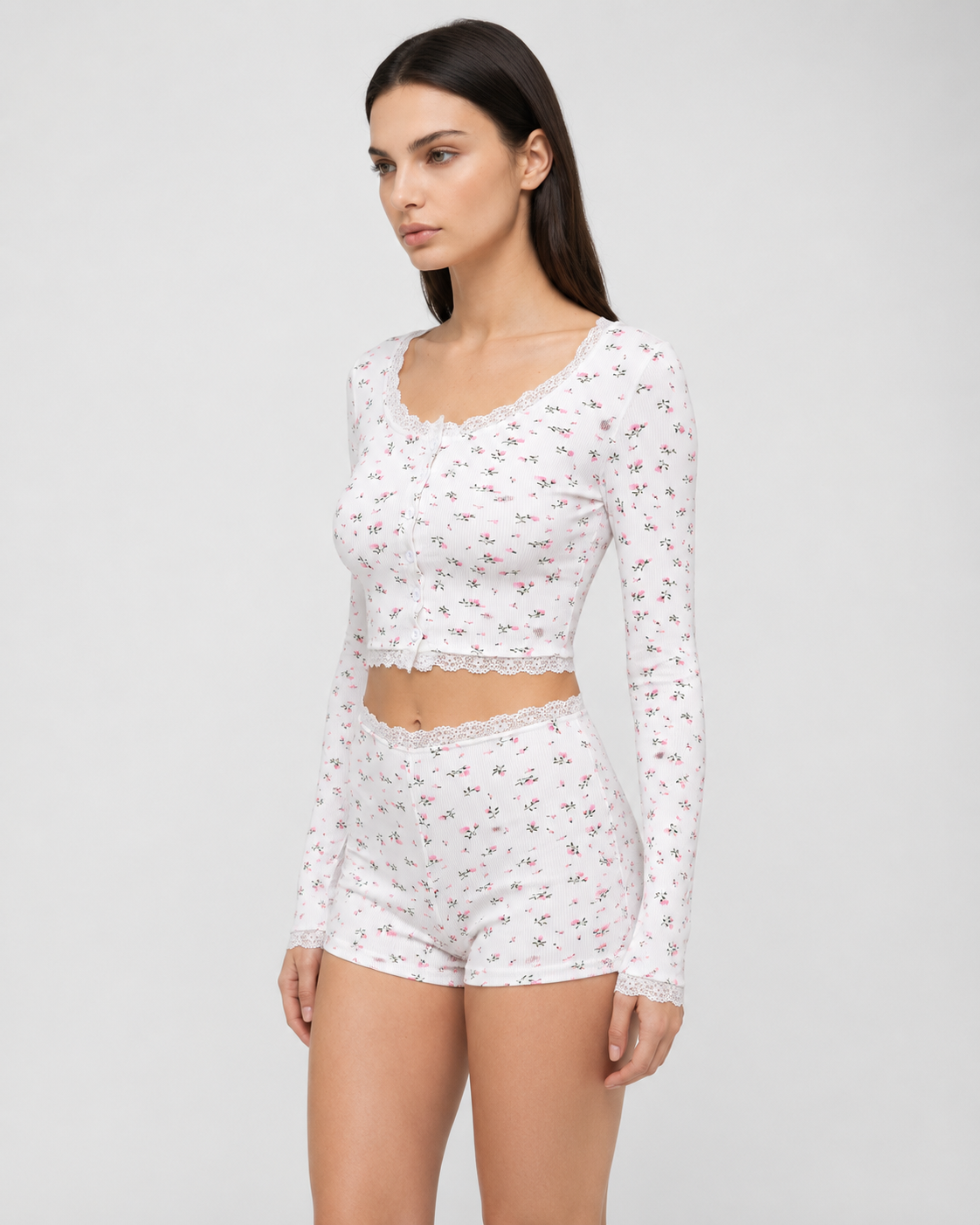 Lace Trim Floral Ribbed PJ Set
